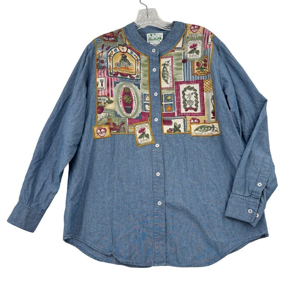 Quacker Factory Chambray Shirt Size L Embroidered Garden Theme Floral Button Up‎